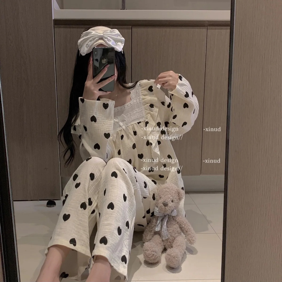 Heart Print Sleepwear Women Pajama Sets Square Collar Pants Sets 2 Pieces Piiama Korean Sleeping Full Sleeve Sping Night Wears 240514