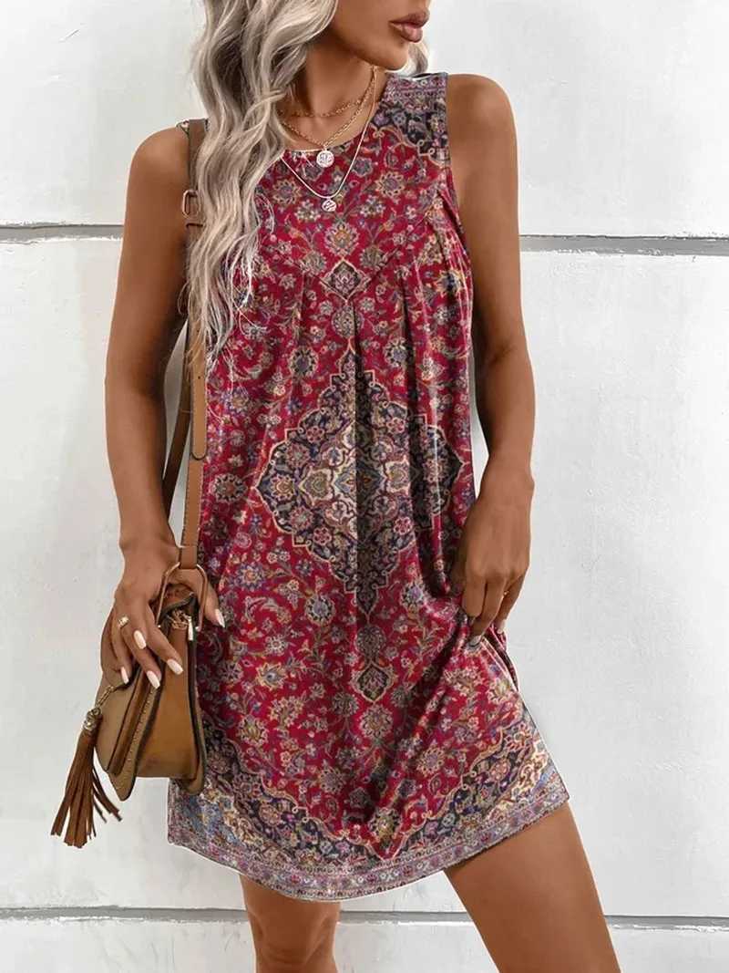 Basic Casual Dresses Summer Ethnic Style Fashion Printed Slveless Vestido Ladies Sexy Beach Holiday Dress Womens Loose Casual Robe Female Clothes Y240