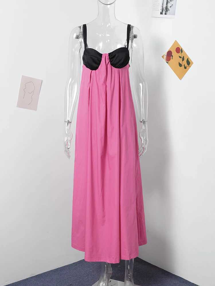 Basic Casual Dresses Sexy Contrast Strap Dress Women Loose Backless Off Shoulder Sleeveless Dresses Female 2024 Summer Party Holiday Lady Robes J24051