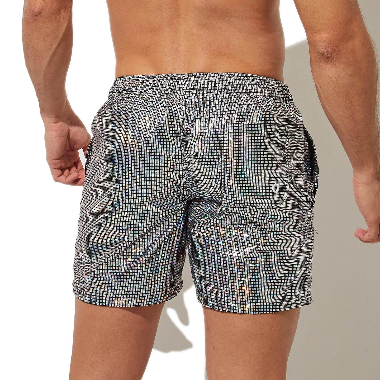 150g Mens Summer Beach Shorts Plus Size Glittering Swimming Boxer Underpants 100 Polyester Solid Plaid String Board Short 240509