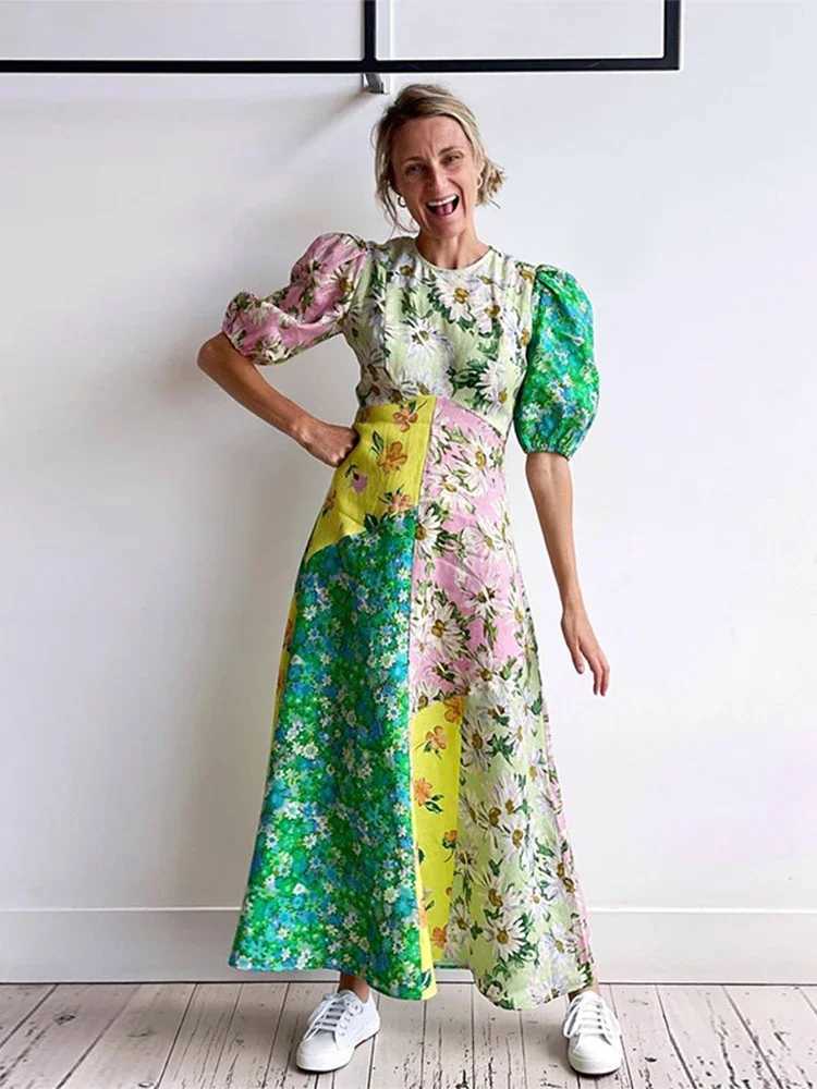 Basic Casual Dresses Fashion Round Collar Printed Long Dress For Women Elegant Casual Short Puff Sleeved Dresses 2024 Summer New Female Vacation Robe 