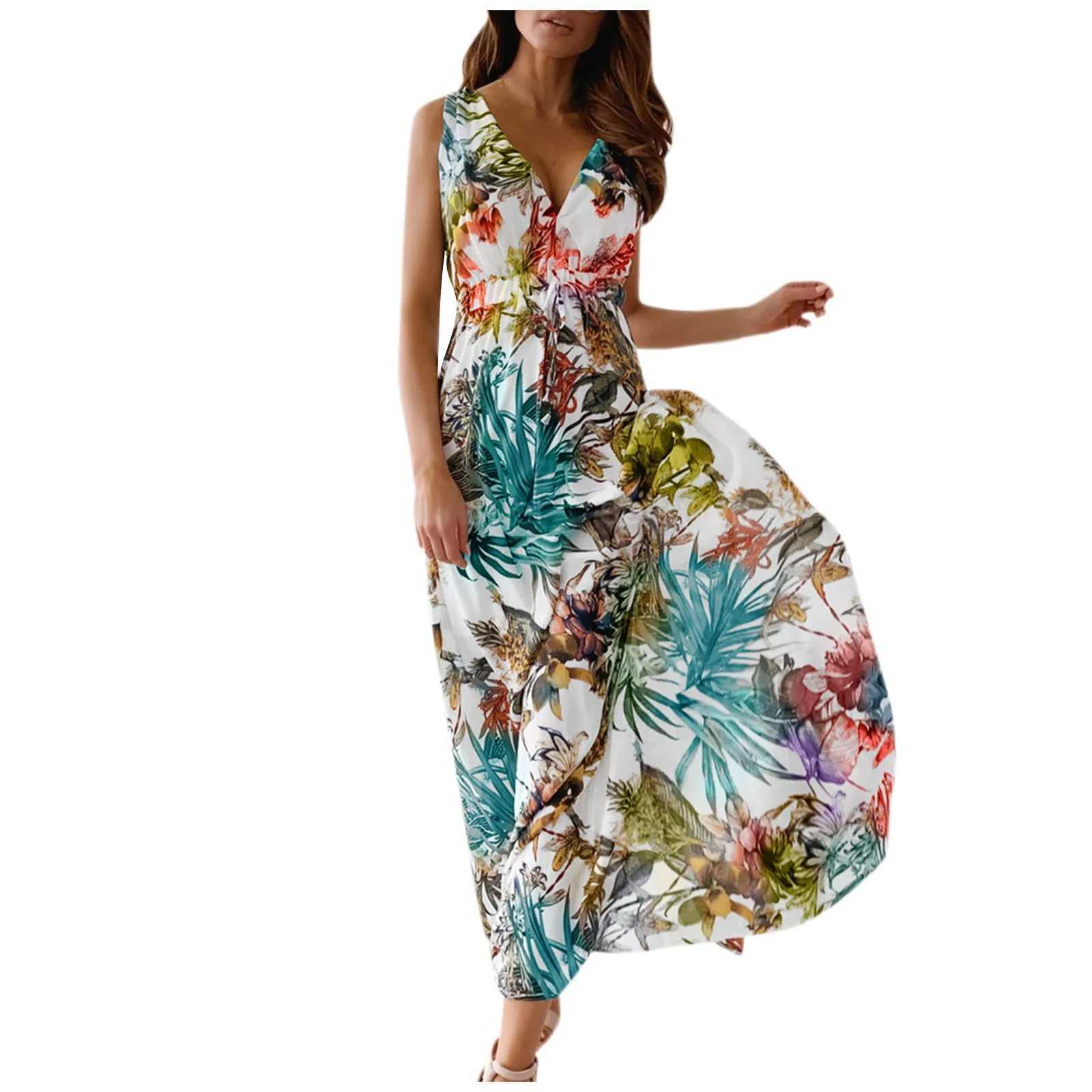 Basic Casual Dresses Womens Summer Casual Print Bandage Elastic Waist V-Neck Slveless Pullover Dress Y240515