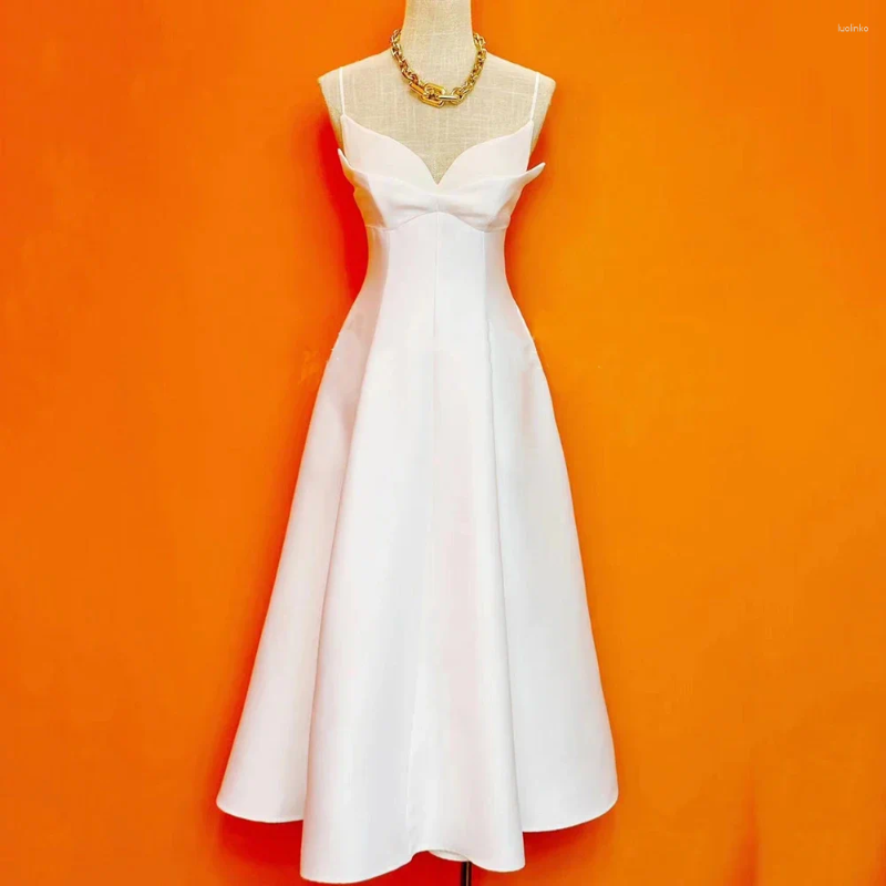 Casual Dresses 2024 Summer Womens A-line Sexy Thin Shoulder Strap V-neck Open Back Midi Dress Elegant Celebrity Party