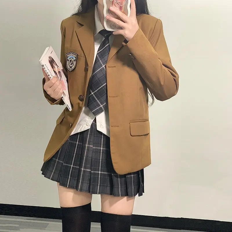 Japanese School Uniform JK Suit Girls Long Blazer Tie Plaid Skirt White Shirt Medal Five-piece Women Sexy Spring and Autumn Suit 240513