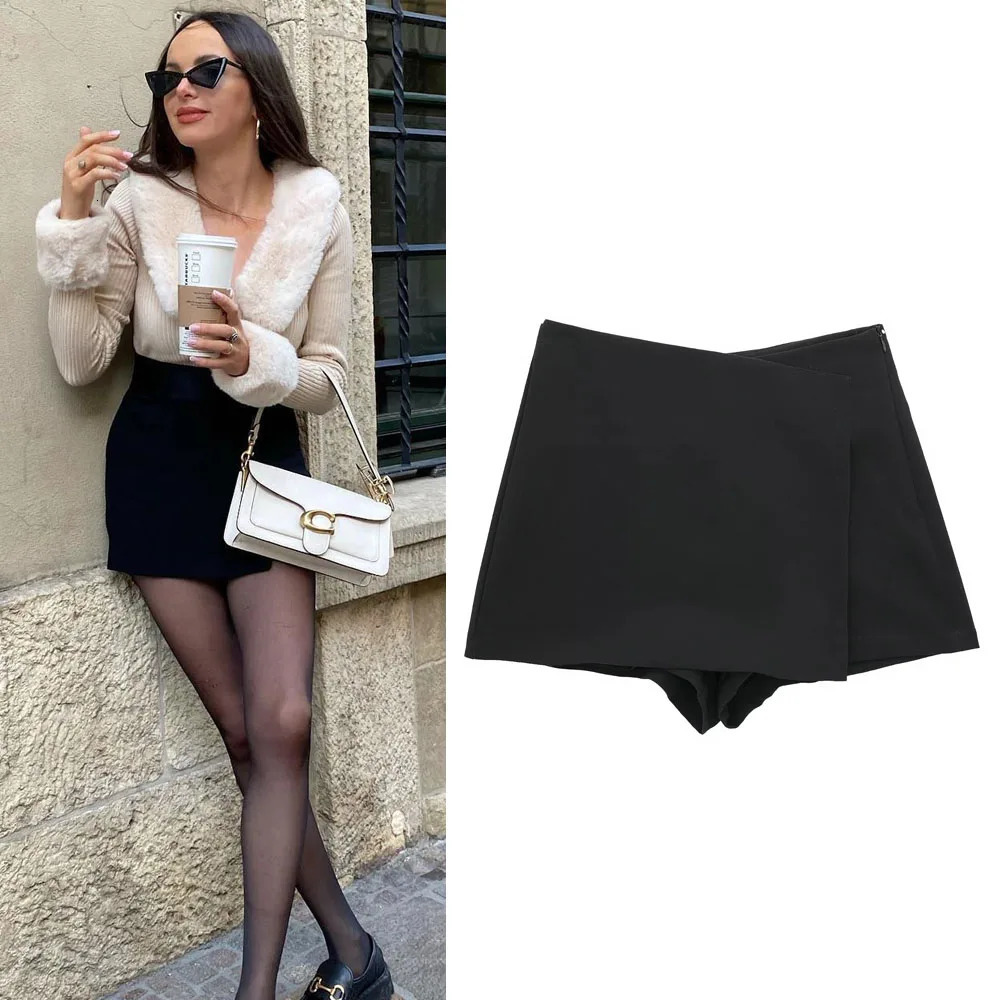 TRAF Woman High waist Shorts Skirts Asymmetric Black Pink Mini Skirt Autumn Fashion shorts 240507