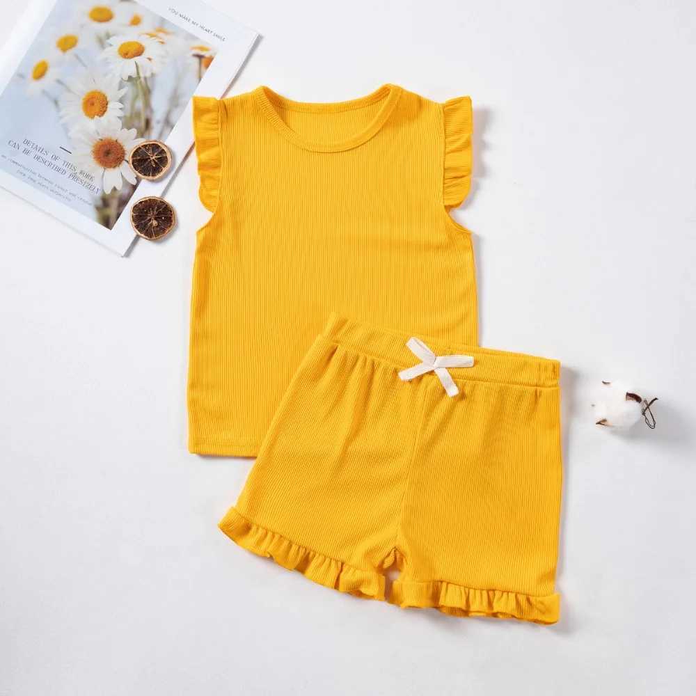 Clothing Sets New Girls Solid Sets 2pcs Clothing Set Casual Sleeveless Tops+ Short Pants Suits Kids Fashion Summer Clothes Suit 0-5T H241214