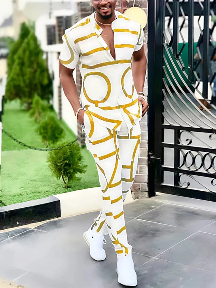 Summer Mens Casual Two-piece Sets Short Sleeve Tops And Long Pants Suits Spring Fashion Pattern Print Outfit Men Tracksuit 240518