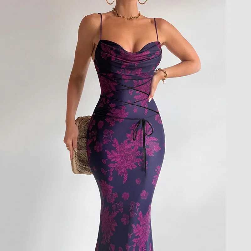 Basic Casual Dresses 2024 Elegant Shoulder Hanging Dress Womens Fashion Print Cross Bandage Long Dress Sexy Sleeveless Backless Party Dress J240516