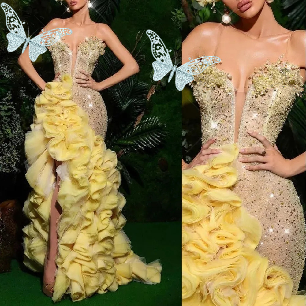 Yellow Gorgeous Prom Dresses Glitter Crystal Sequins Evening Dress Sleeveless Sheath Split Ruched Custom Long Pageant Gown Robe De Mariee