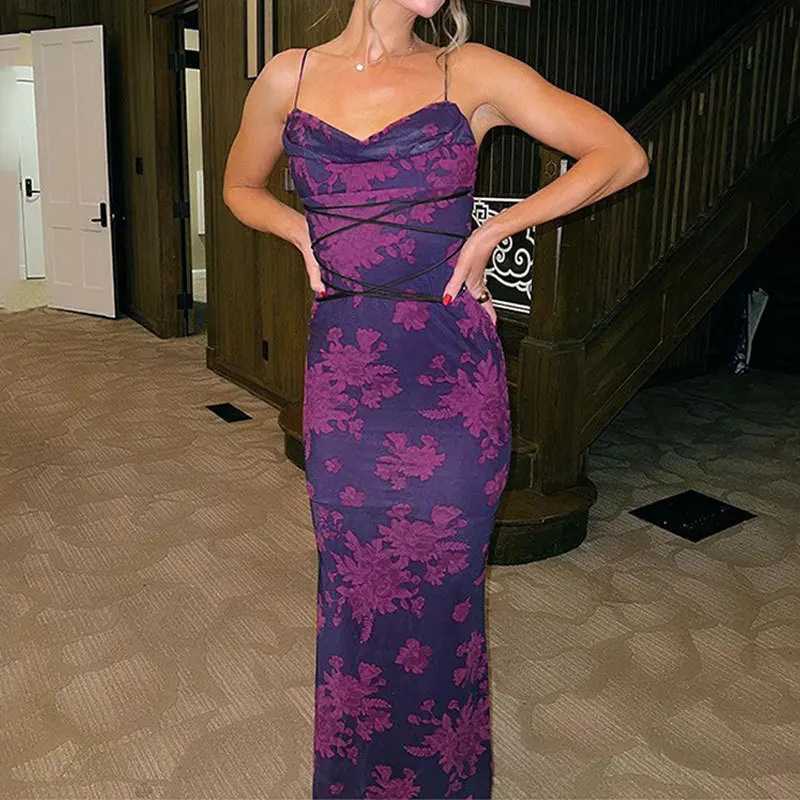Basic Casual Dresses 2024 Elegant Shoulder Hanging Dress Womens Fashion Print Cross Bandage Long Dress Sexy Sleeveless Backless Party Dress J240516