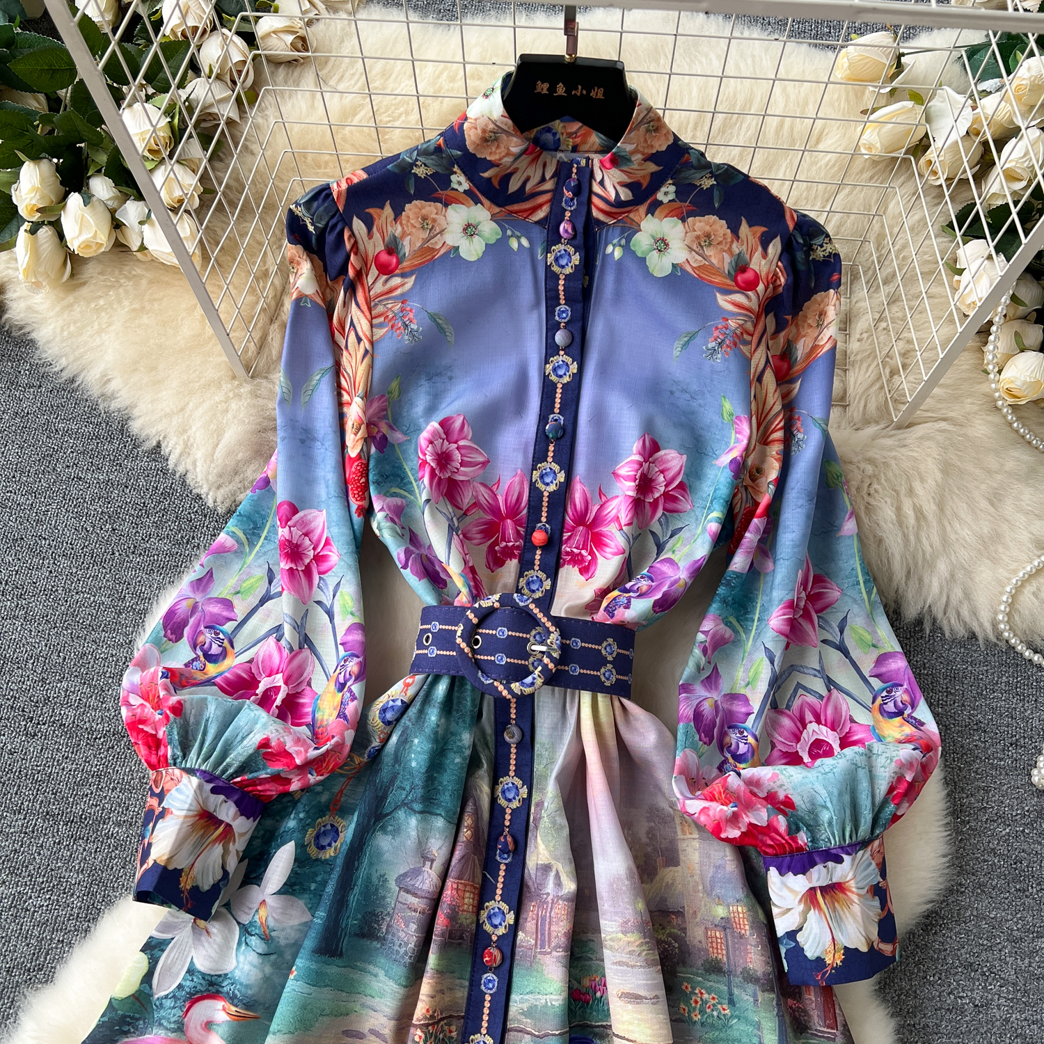 New Fashion Runway Summer Dress Women's Sleeveless Stand Collar Ral Embroidery Elegant High Waist Zipper Mini Vestidos