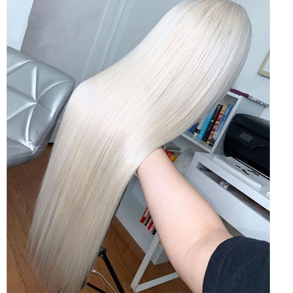 180 Density Platinum Blonde Human Hair White Straight Women HD Clear Synthetic Lace Front Wig 13X4