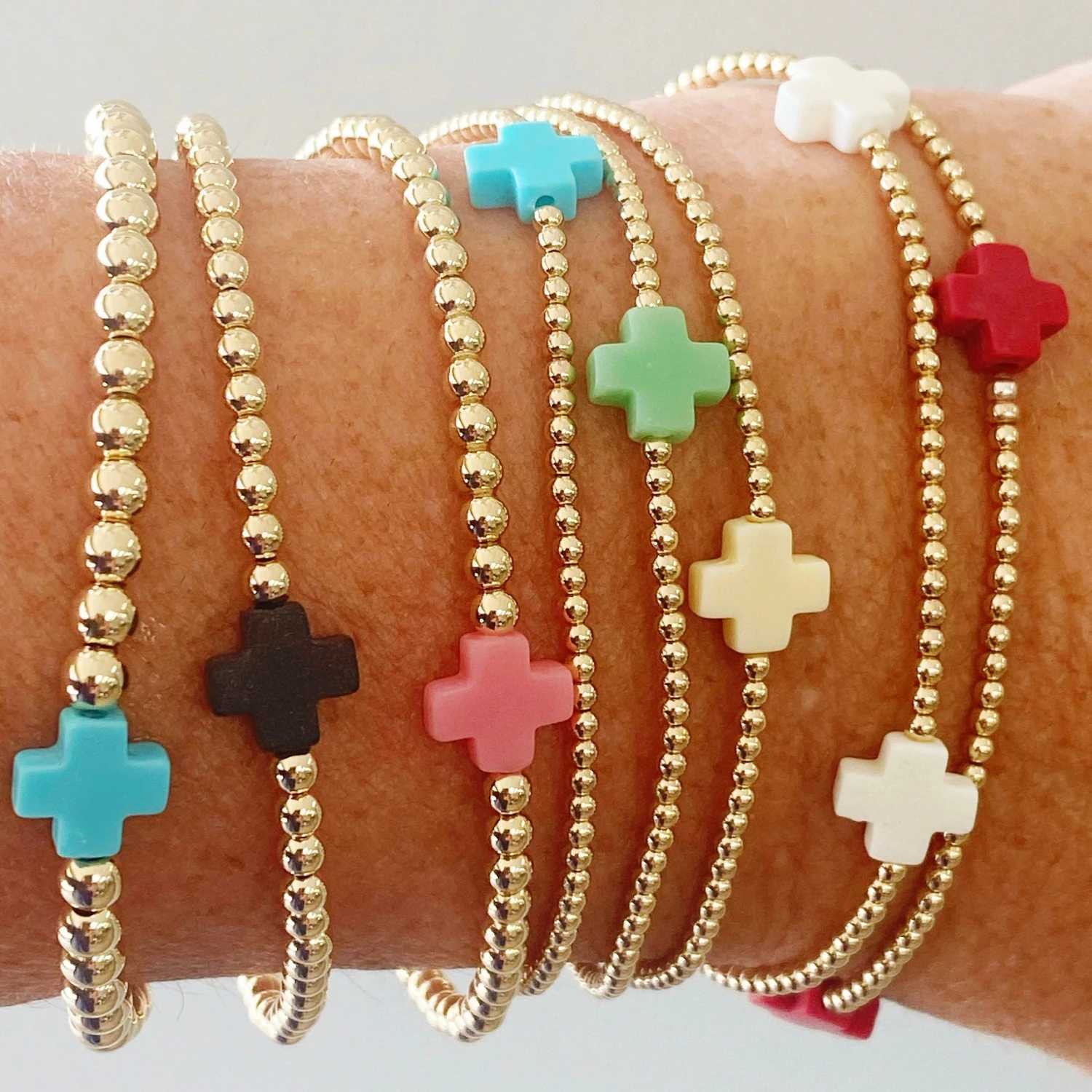 Charm Bracelets Vlen Multi Color Natural Stone Cross Bracelet Bohemian Jewelry Gold Plated 18K Summer Women Stackable Pulseras Bracelet J240516