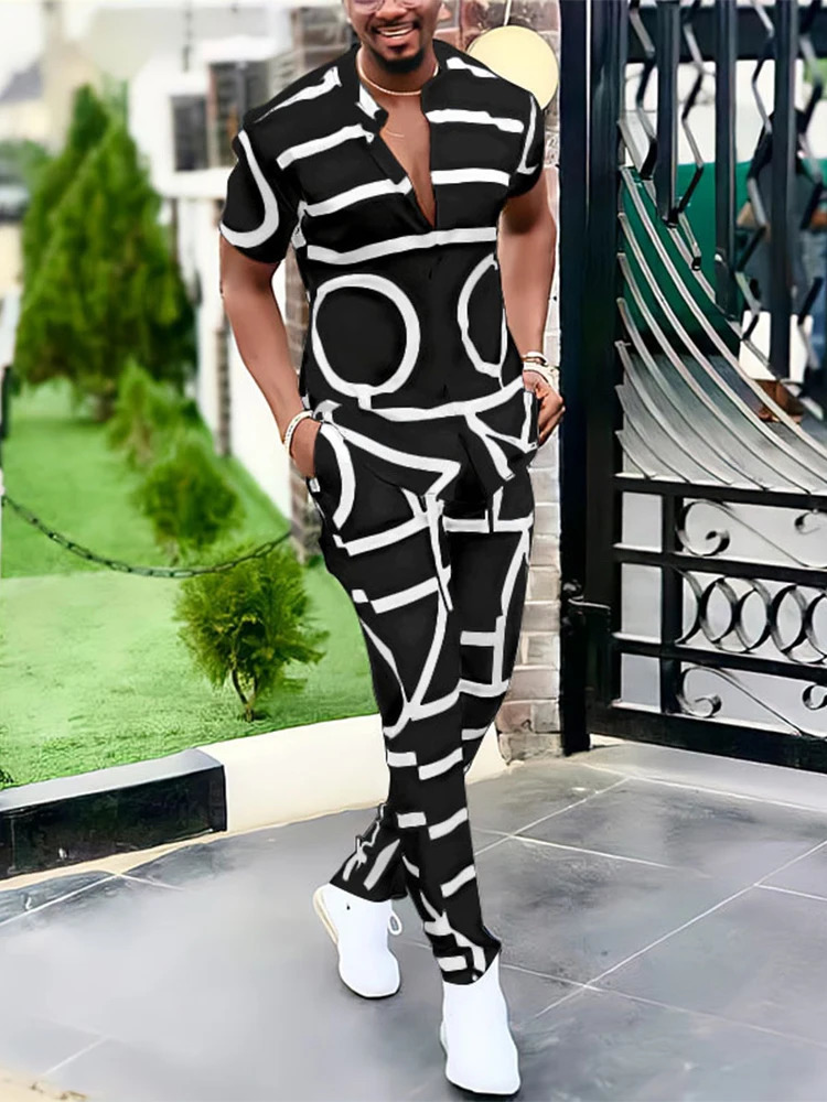 Summer Mens Casual Two-piece Sets Short Sleeve Tops And Long Pants Suits Spring Fashion Pattern Print Outfit Men Tracksuit 240518