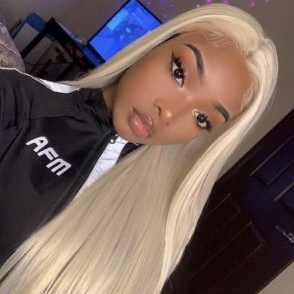 180 Density Platinum Blonde Human Hair White Straight Women HD Clear Synthetic Lace Front Wig 13X4