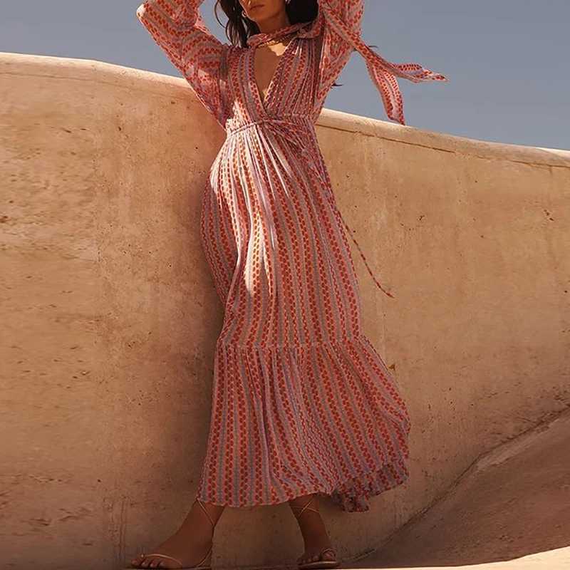 Basic Casual Dresses Fashion Print Lace-up Bohe Party Dress Sexy Deep V-neck Lantern Long Sleeve Beach Dress Women Elegant Pleated SwLong Dresses J240