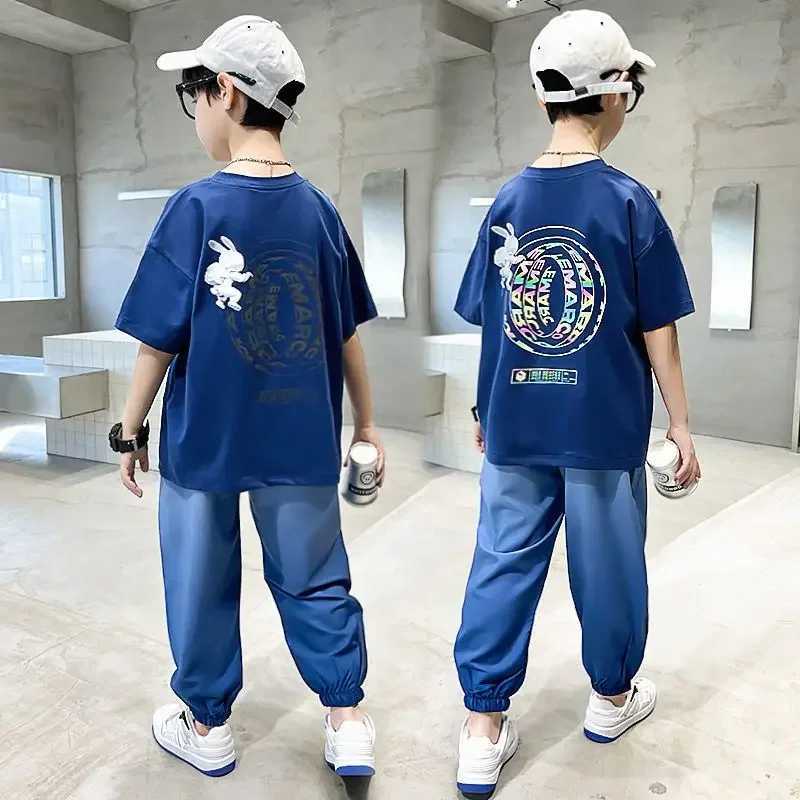 Clothing Sets Boys Summer 2023 New Cotton Fashion Sportswear Astronaut Rabbit Print Short sleeved Set 5-14 Year Old Street Q0517