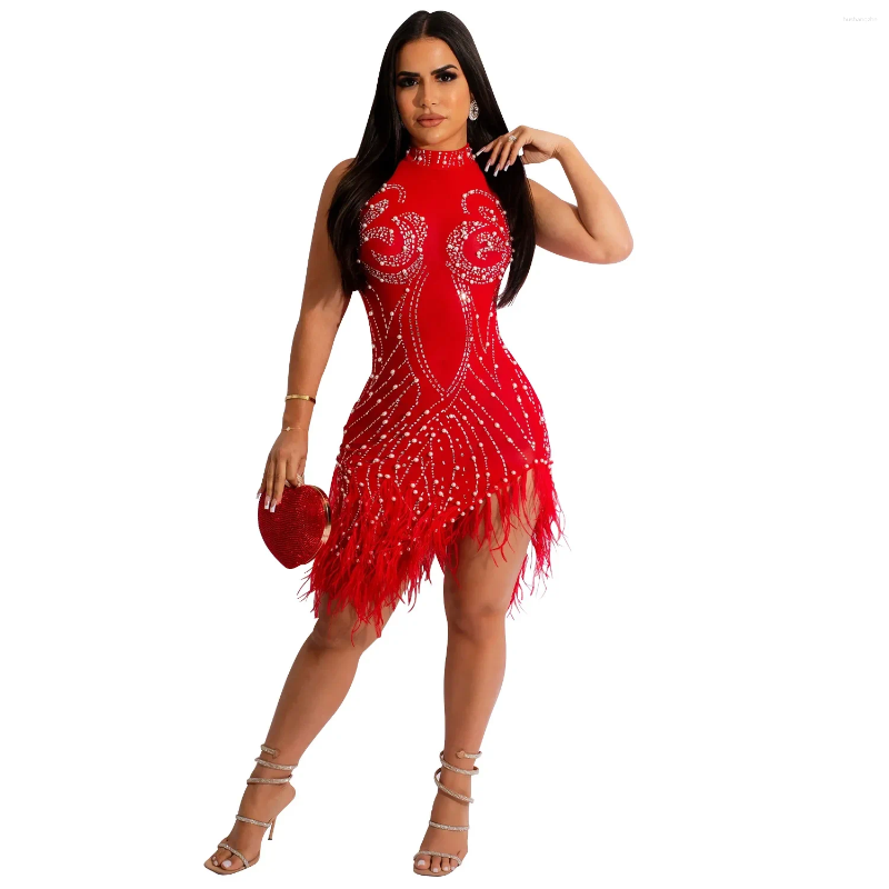 Casual Dresses Sexy Mesh Tassel Tank Sleeveless Party Dress Women Turtleneck Bodycon Rhinestones Mini Fashon Asymmetrical Sundress