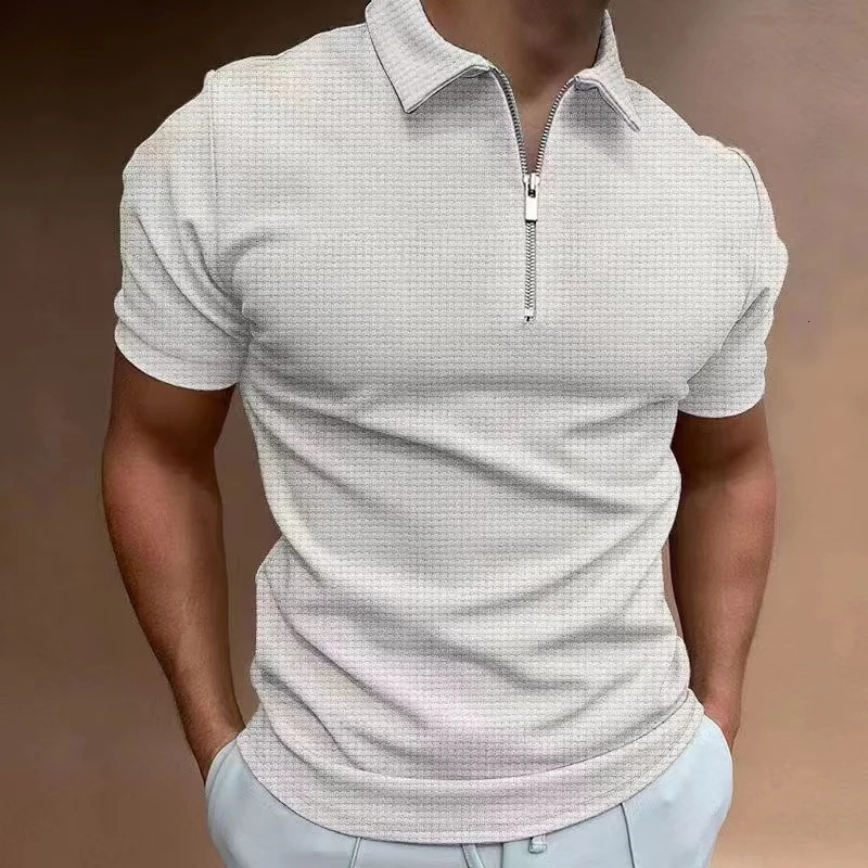 Mens Waffle Polo Shirt Short sleeved Summer Zipper Slim Fit Comfortable Casual Business Top Wear 240516