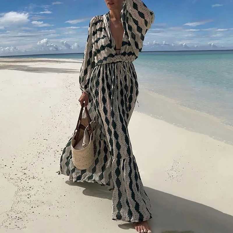 Basic Casual Dresses Fashion Print Lace-up Bohe Party Dress Sexy Deep V-neck Lantern Long Sleeve Beach Dress Women Elegant Pleated SwLong Dresses J240