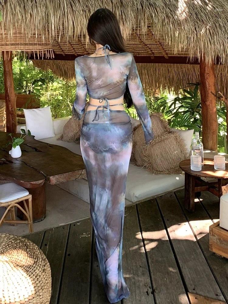 Womens Swimwear Sweet French Style Vacation Swimsuit 2024 Summer Women Sexy Spicy Girl Tie Dye Bikini Four Piece Set Slim Fit Split Skirt