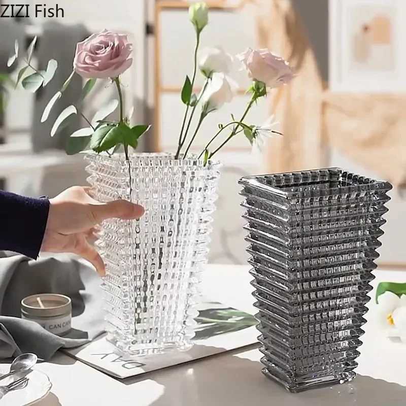 Vases Transparent crystal vase square edges and corners glass vase hydroponic glass vase flower pot layout desktop decoration J240515