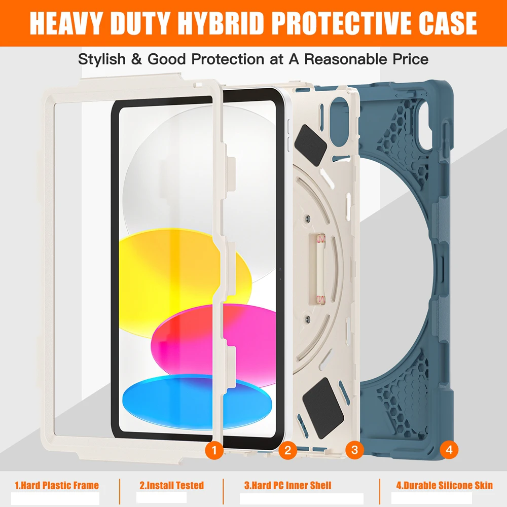 For iPad 10th Gen 10.9 inch Tablet Case 360 Rotating Stand Cover Shockproof Kid Safe PC + Silicon Hybrid Full Protection Cases with Hand Belt Shoulder