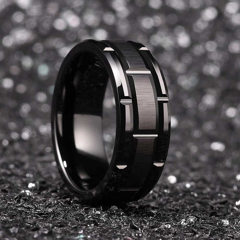 Band Rings Fashionable mens 8mm gold groove beveled tungsten wedge carbon fiber RPunk gear wheel stainless steel RFor mens J240516