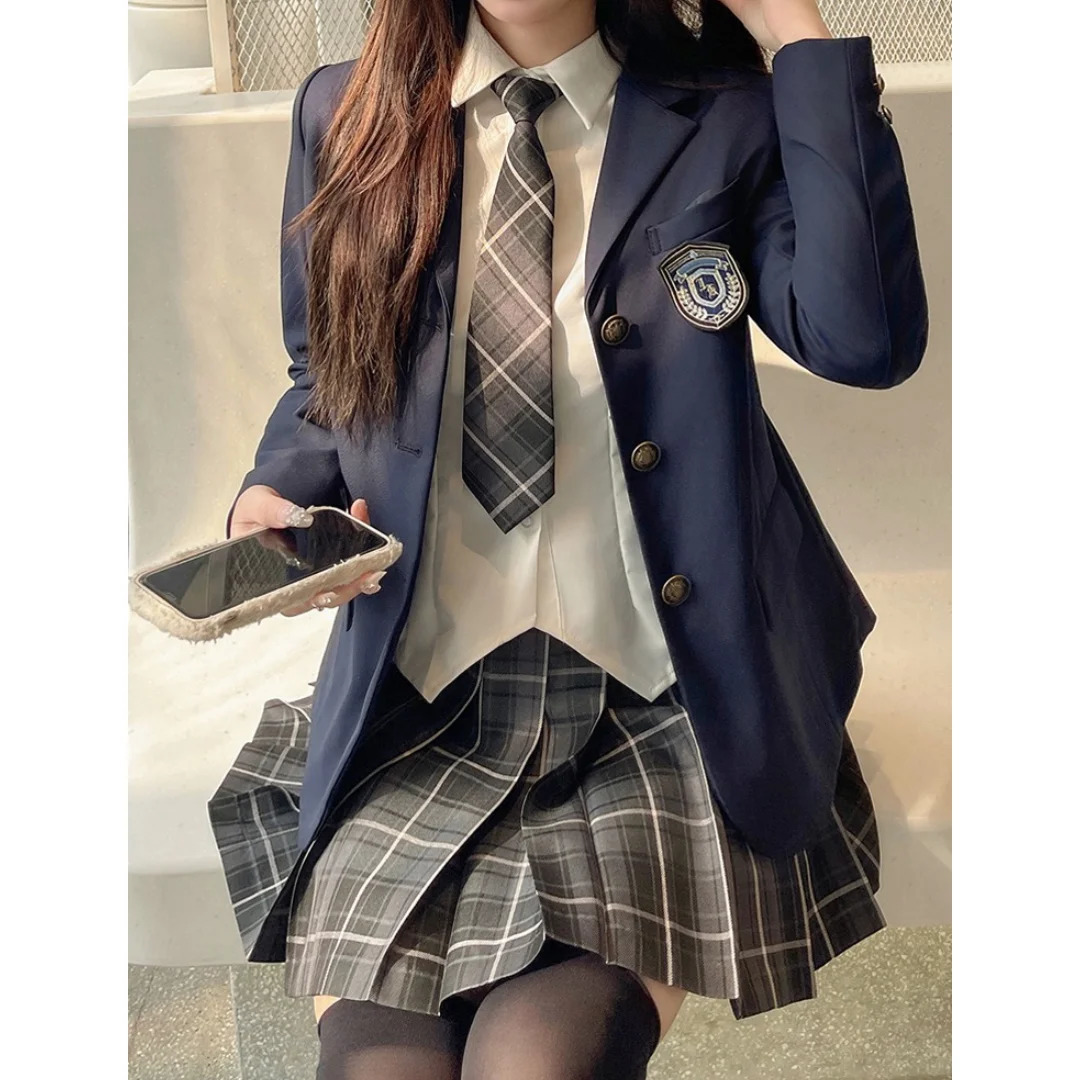Japanese School Uniform JK Suit Girls Long Blazer Tie Plaid Skirt White Shirt Medal Five-piece Women Sexy Spring and Autumn Suit 240513