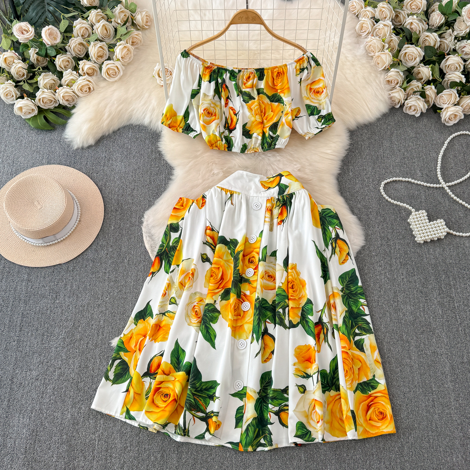Two Piece Dress Summer Holiday Runway Two Piece Set Women's Off Shoulder Short Crop Tops Floral Print Pockets Buttons Skirt Suit Outfits 2024