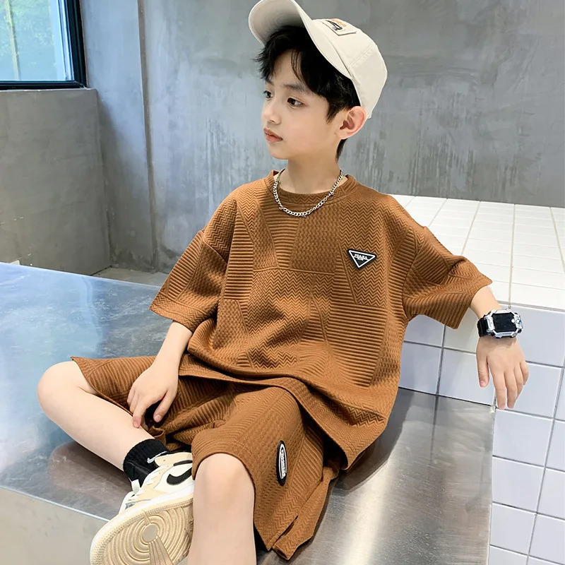 Kids Clothes Boys Summer Jacquard Weave TShirt Shorts 2 Pieces Set Teenage Boy Ventilate Tracksuit Stereoscopic Lines Outfit 240509