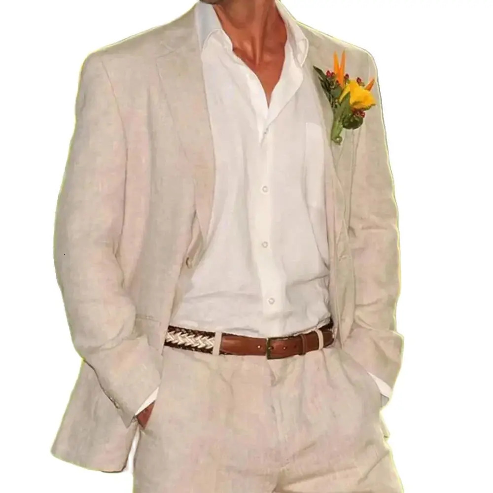 Summer Wedding Linen Beige Single Breasted Notch Lapel Men Suits Casual Daily Elegant Groom 2 Piece Jacket Pants Set Blazer 240508