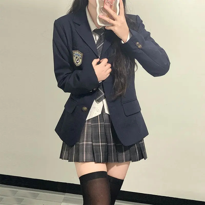 Japanese School Uniform JK Suit Girls Long Blazer Tie Plaid Skirt White Shirt Medal Five-piece Women Sexy Spring and Autumn Suit 240513