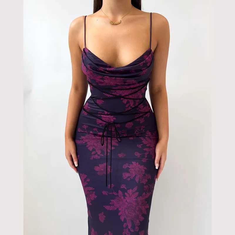 Basic Casual Dresses 2024 Elegant Shoulder Hanging Dress Womens Fashion Print Cross Bandage Long Dress Sexy Sleeveless Backless Party Dress J240516