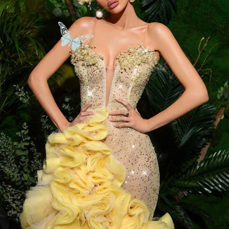 Yellow Gorgeous Prom Dresses Glitter Crystal Sequins Evening Dress Sleeveless Sheath Split Ruched Custom Long Pageant Gown Robe De Mariee