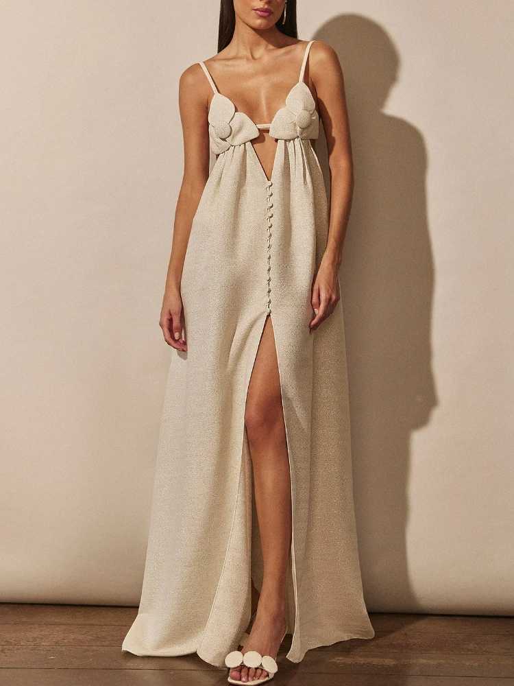 Basic Casual Dresses Apricot Linen Long Dress Women Elegant Spaghetti Strap Casual Loose Holiday Beach Dress Summer Sexy Backless Bohemia Dress 2024 J