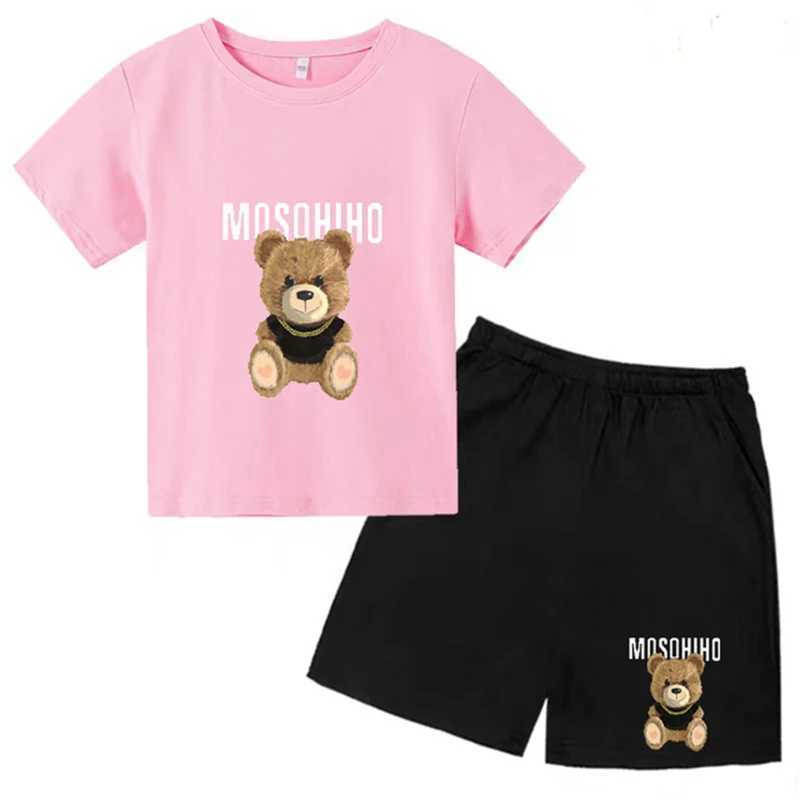 Clothing Sets Summer cute teddy bear printed childrens clothing boys and girls T-shirt set 3-12 year old childrens top fashionable casual wear Q240517