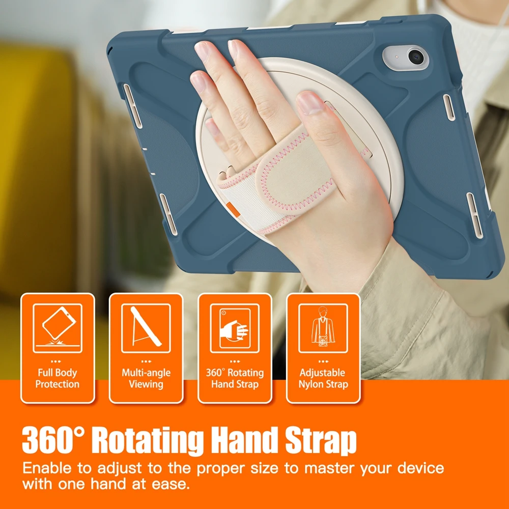 For iPad 10th Gen 10.9 inch Tablet Case 360 Rotating Stand Cover Shockproof Kid Safe PC + Silicon Hybrid Full Protection Cases with Hand Belt Shoulder