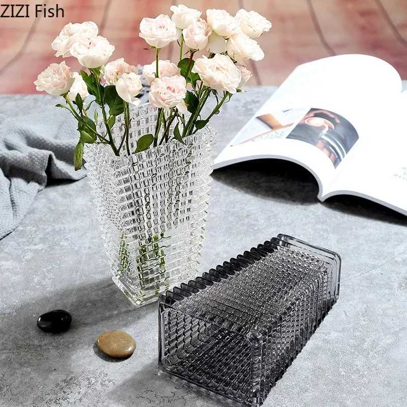 Vases Transparent crystal vase square edges and corners glass vase hydroponic glass vase flower pot layout desktop decoration J240515