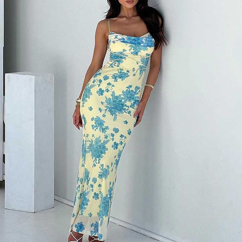 Basic Casual Dresses 2024 Elegant Shoulder Hanging Dress Womens Fashion Print Cross Bandage Long Dress Sexy Sleeveless Backless Party Dress J240516