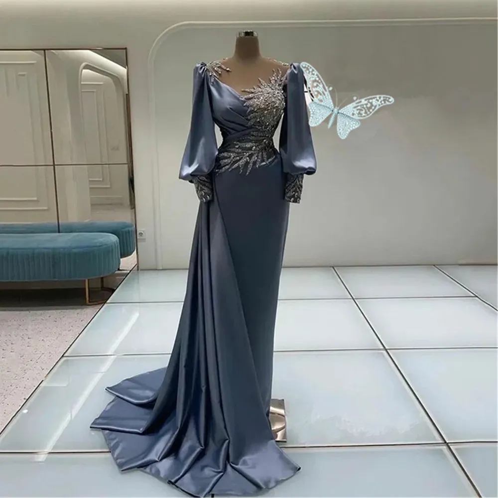 Blue Long Sleeve Prom Dress Mermaid Lace Evening Dresses Jewel Neck Tulle Applique Formal Women Party Gowns Vestidos De Novia 6660312