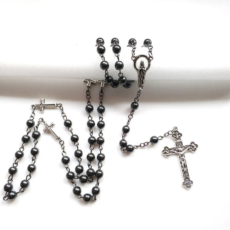 Our Lady of Guadalupe Medal Rosary Necklace Black Hematite Prayer Bead Chain Crucifix Cross Pendant Religious Jewelry Gifts 240518