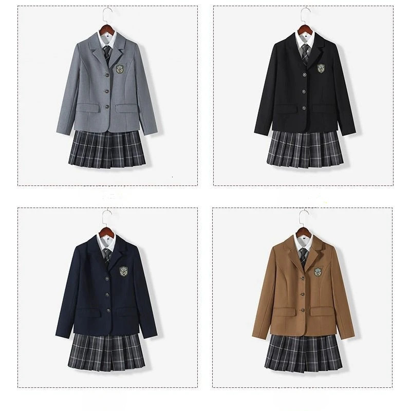 Japanese School Uniform JK Suit Girls Long Blazer Tie Plaid Skirt White Shirt Medal Five-piece Women Sexy Spring and Autumn Suit 240513