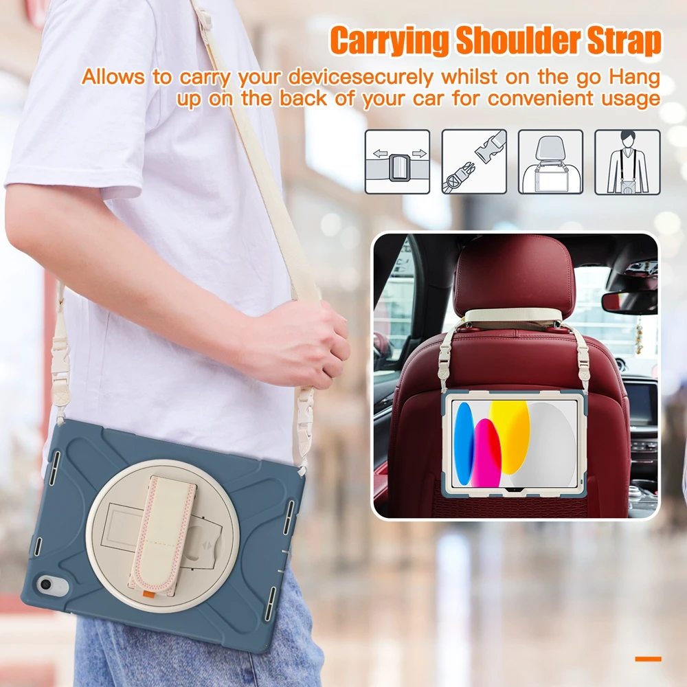 For iPad 10th Gen 10.9 inch Tablet Case 360 Rotating Stand Cover Shockproof Kid Safe PC + Silicon Hybrid Full Protection Cases with Hand Belt Shoulder