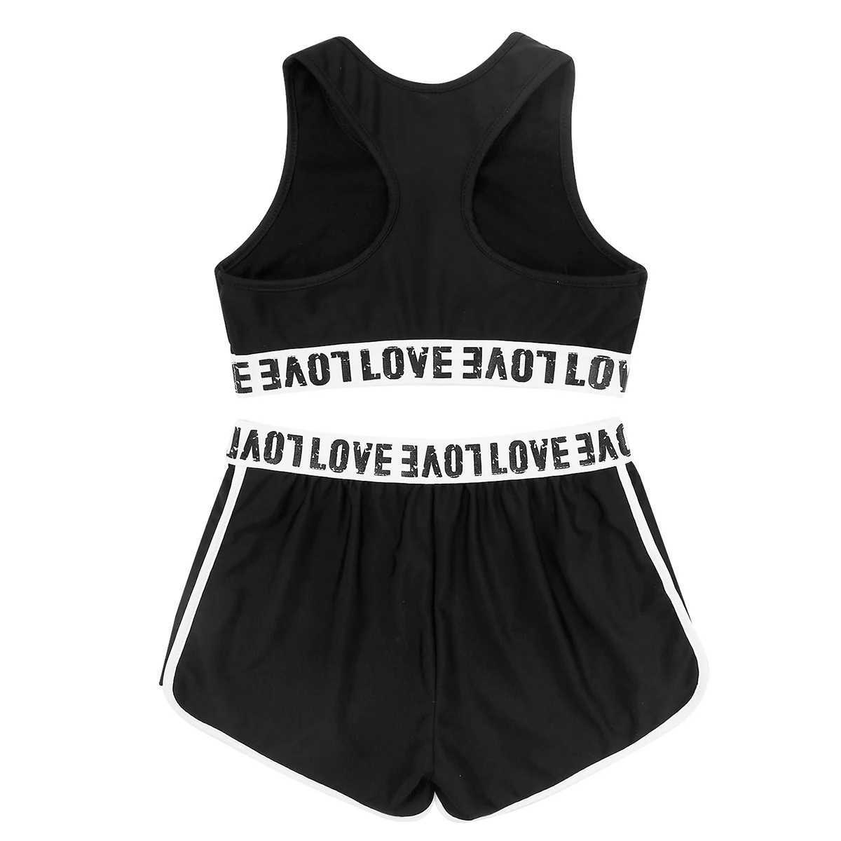 Clothing Sets Childrens and Girls Sportswear Letter Printing Gymnastics Sleeveless Racing Rear Tank Crop Top and Bottom Set Ballet Clothing Q240517