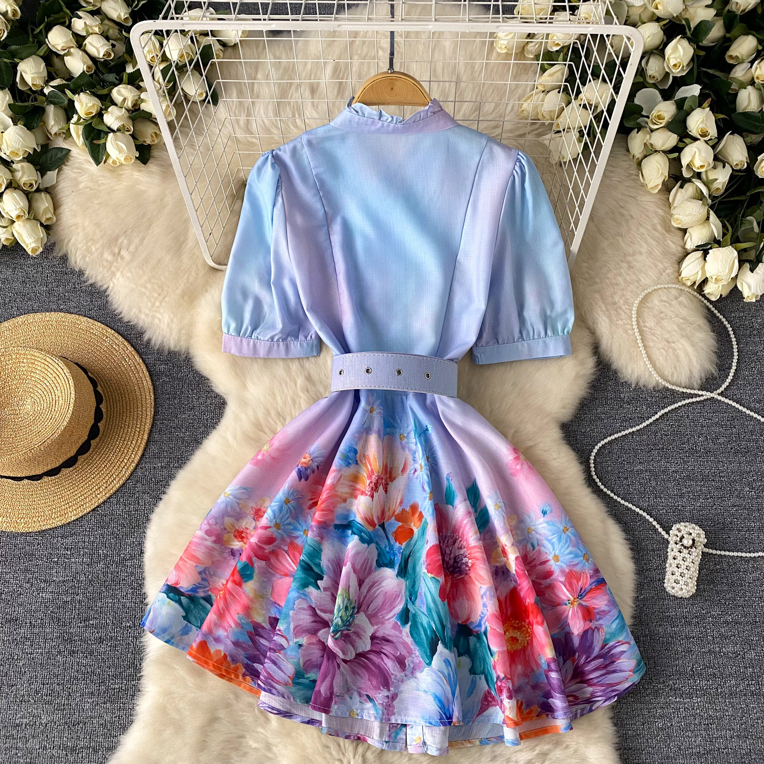 Spring Summer Runway Designer Flower Linen Dress Women Ruffles Lantern Sleeve Single Breasted Short Vest