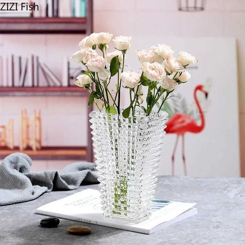 Vases Transparent crystal vase square edges and corners glass vase hydroponic glass vase flower pot layout desktop decoration J240515