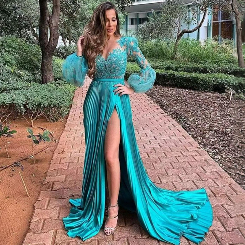 Hunter Evening Dresses Elegant Illusion Long Sleeves Prom Dresses for Special Occasions Appliqued Beaded Lace Sexy Split Pleats Birthday Dinner Gowns 