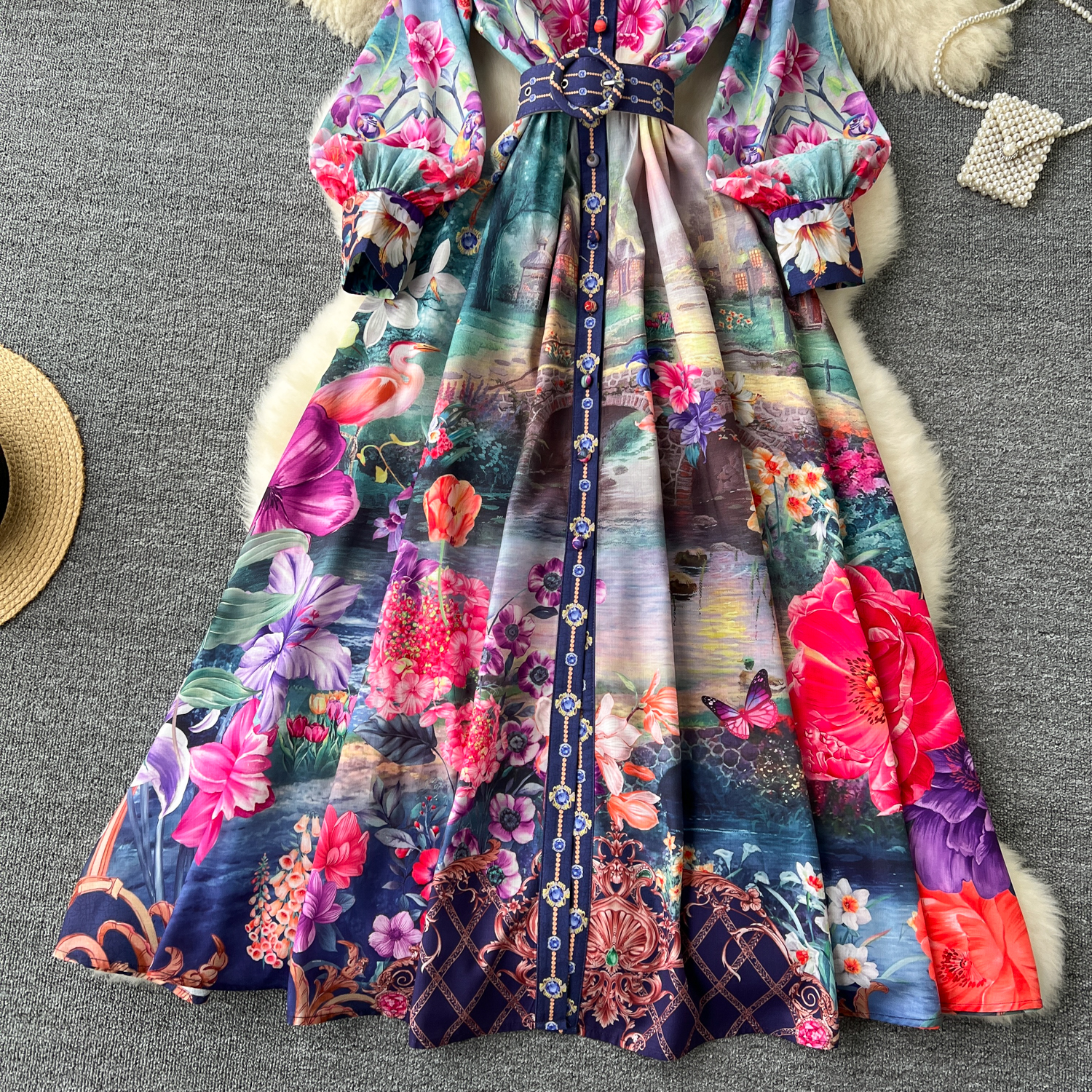 New Fashion Runway Summer Dress Women's Sleeveless Stand Collar Ral Embroidery Elegant High Waist Zipper Mini Vestidos