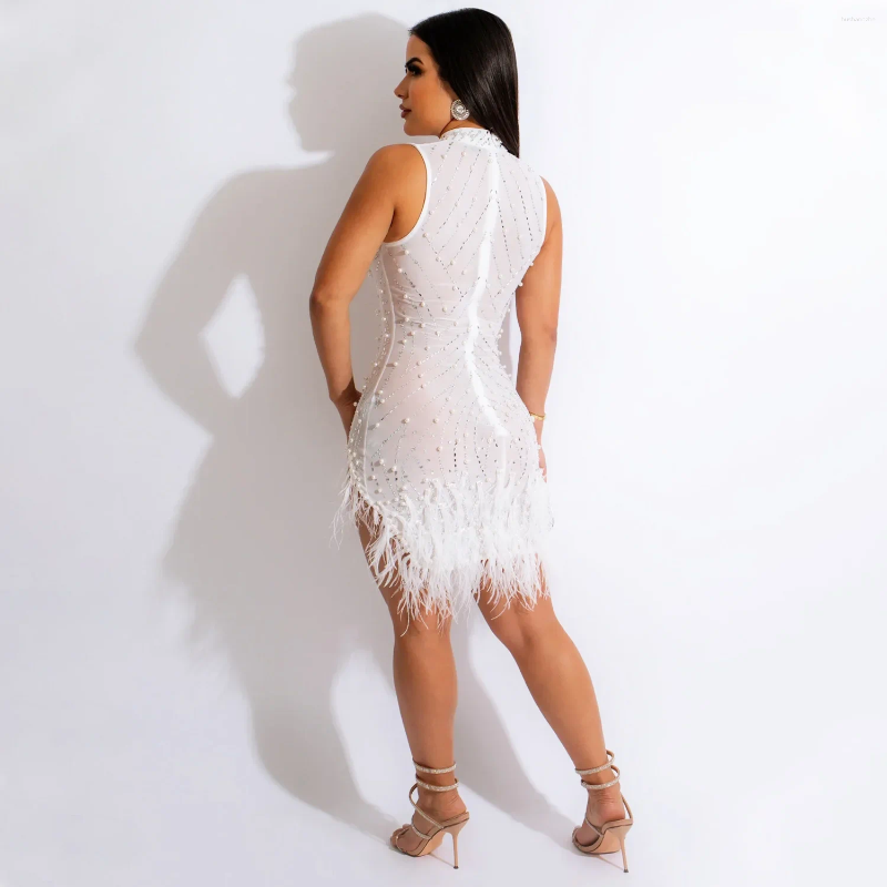 Casual Dresses Sexy Mesh Tassel Tank Sleeveless Party Dress Women Turtleneck Bodycon Rhinestones Mini Fashon Asymmetrical Sundress
